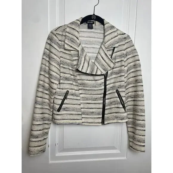 Stoosh Moto Jacket Full Zip Textured Tweed Light Weight Ivory Blazer Womens M - Picture 2 of 10